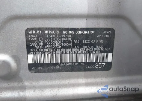 2018 Mitsubishi Outlander Sport 2.4 Se из США, поврежденный, VIN JA4AP3AW3JU015780